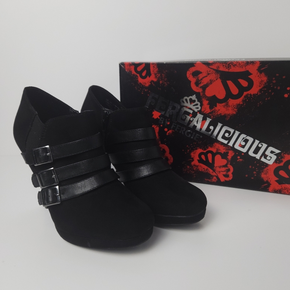 Fergalicious by Fergie “Believin” Black Ankle Booties Heels Size 7.5 With Box